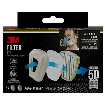 Kit de filtres et cartouches ABEK1 P3 - vapeurs, gaz, acides, ammonique et poussières fines - pour demi-masques 3M série 6000