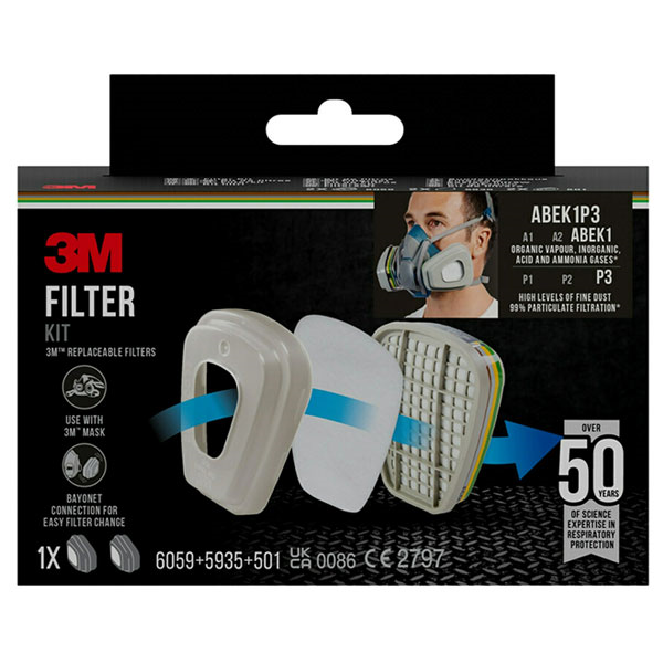 Kit de filtres et cartouches ABEK1 P3 - vapeurs, gaz, acides, ammonique et poussières fines - pour demi-masques 3M série 6000
