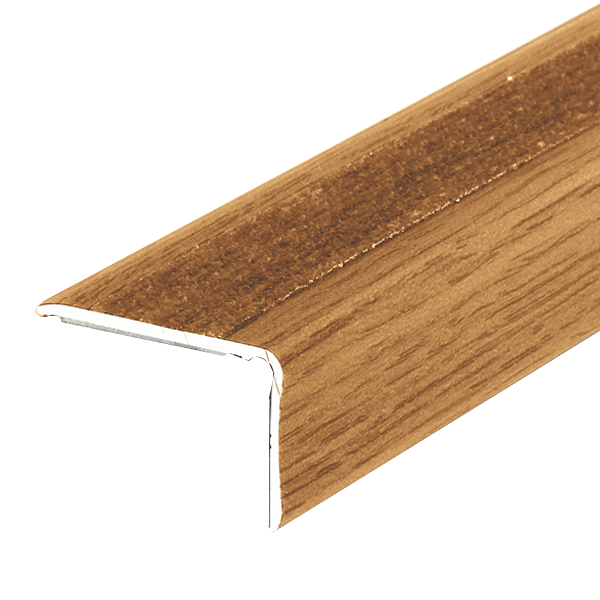 Nez de marche strié adhésif Dinac en Aluminium avec film PVC bois chêne rustique - 36 MM x 24,0 MM - 1,10 M