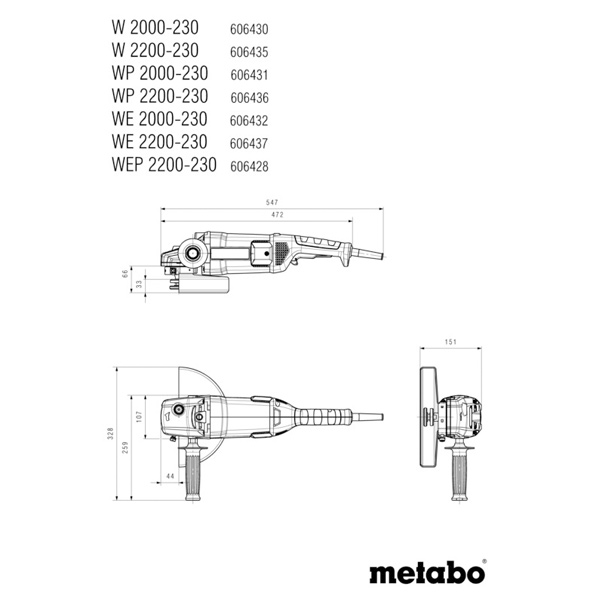 Meuleuse d'angle filaire 230 mm Metabo WP 2200-230 - En carton avec poignée supplémentaire