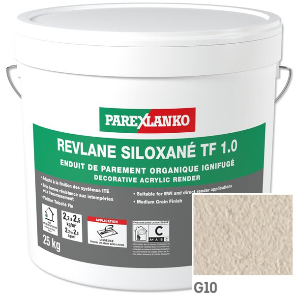 Enduit de parement organique ignifugé Parexlanko Revlane Siloxané TF 1.0 G10 Blanc lumière - Seau de 25,0 KG
