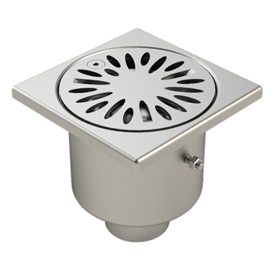 Siphon de douche en inox - cloche avec garde d'eau de 50 mm - 100 x 100 mm - sortie verticale 40 mm