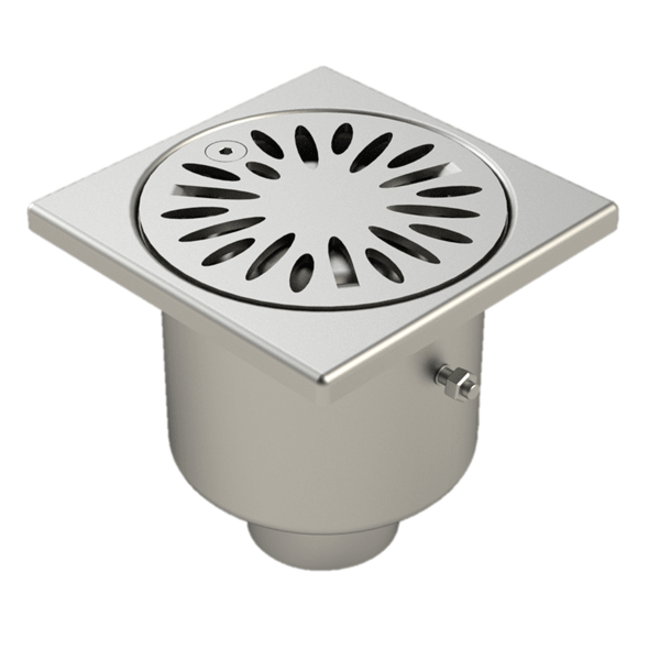 Siphon de douche en inox - cloche avec garde d'eau de 50 mm - 100 x 100 mm - sortie verticale 40 mm