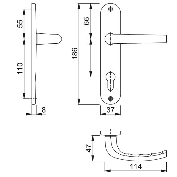 Poignée de porte clé en I - San Diego Hoppe alu noir mat - porte de 40-46 mm carré 7 mm