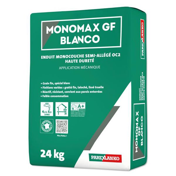Enduit monocouche semi-allégé OC2 - MONOMAX GF BLANCO Parex - Grain fin - Spécial blanc - Sac de 24 kg