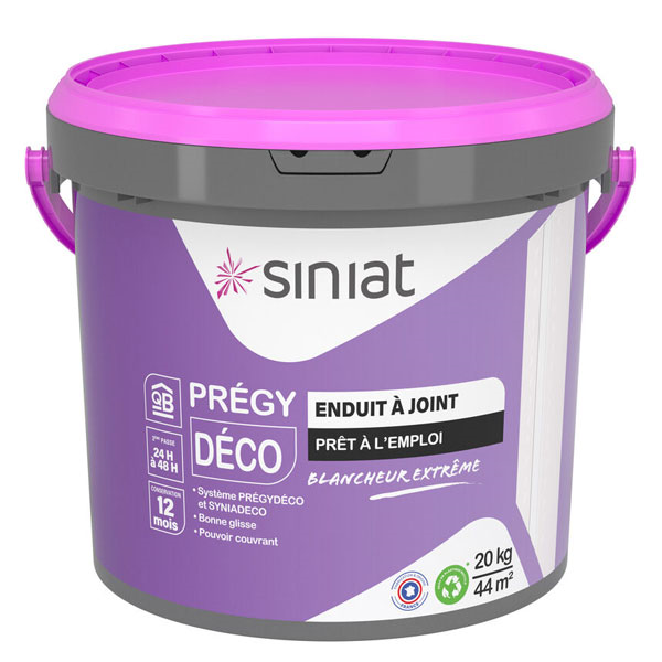 Enduit à joint prêt à l'emploi blancheur extrême pour murs et plafonds - Siniat Prégydéco PE - Seau de 20 kg