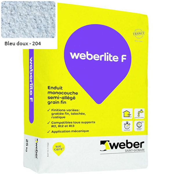 Enduit monocouche semi-allégé et coloré à grain fin WeberLite F 204 Bleu doux - sac de 25 KG