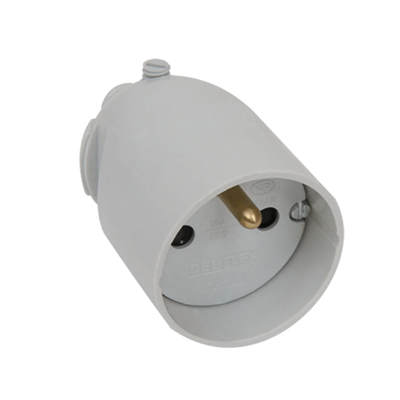 Fiche femelle Debflex - Sortie droite à coiffe - 2 pôles + terre - 16 A - 3500 W - Polypropylène - Gris