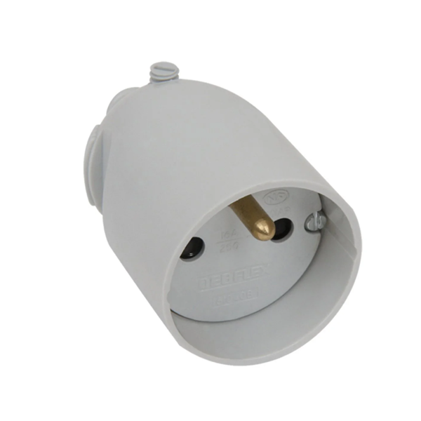 Fiche femelle Debflex - Sortie droite à coiffe - 2 pôles + terre - 16 A - 3500 W - Polypropylène - Gris