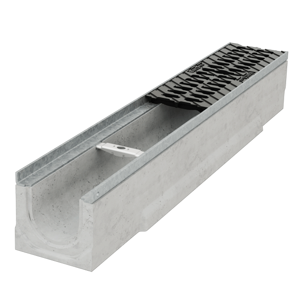 Caniveau en béton E600 BIRCOlight largeur 100,0 mm avec feuillures acier galvanisé et grille fonte double fentes C250 PMR - 1000 mm