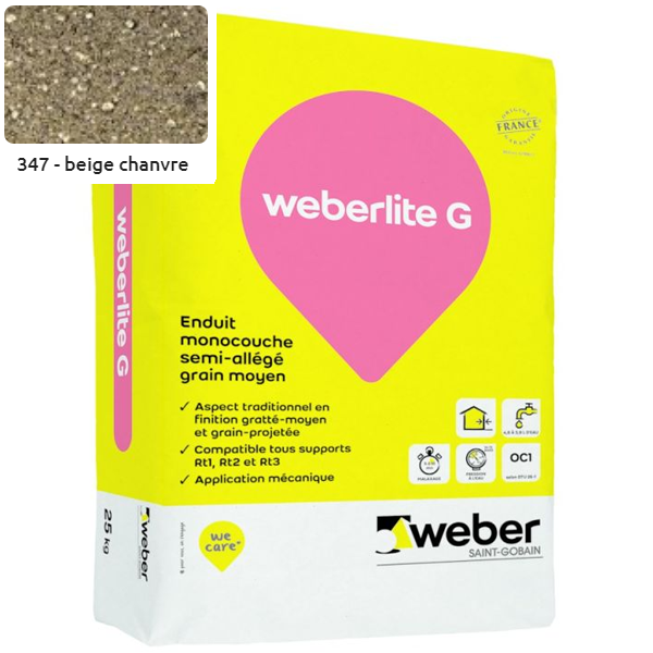 Enduit monocouche semi-allégé et coloré à grain moyen WeberLite G 347 Beige chanvre - sac de 25 KG
