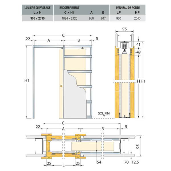 Système à galandage pour porte coulissante - châssis un ventail - Eclisse Unique 95 - porte de 204,0 CM x 93,0 CM
