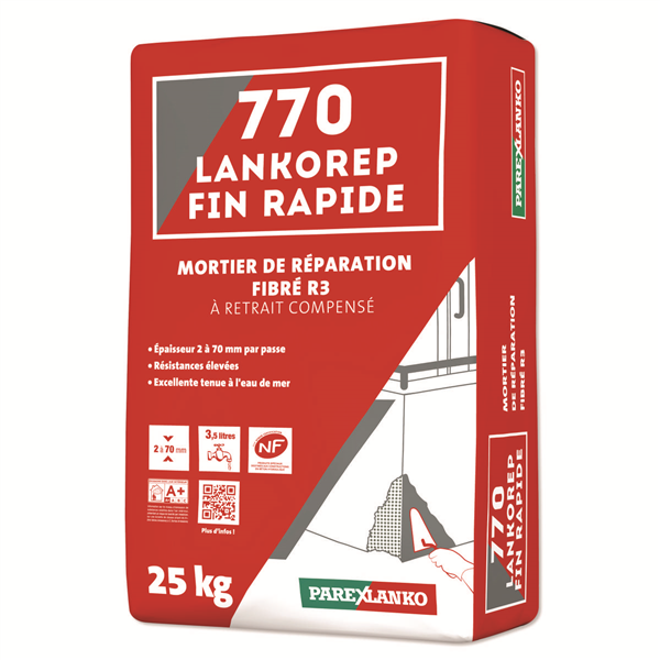 Mortier de réparation monocomposant fibré à retrait compensé LANKOREP FIN RAPIDE 770 - sac de 25 KG