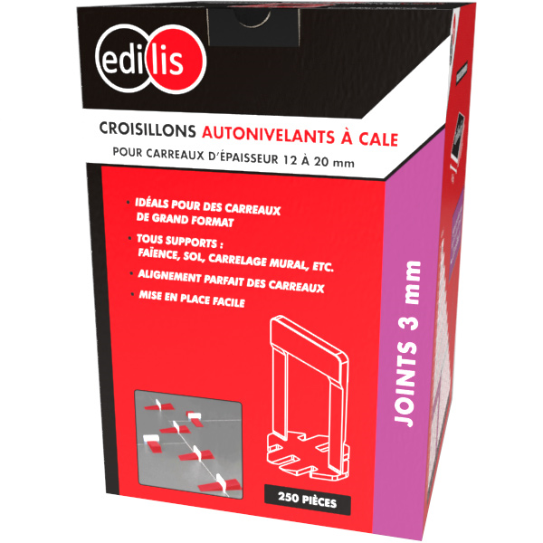 Croisillon autonivelant à cale Edilis pour carrelage grand format de 12 à 20 MM d'épaisseur - joint de 3 MM - 250 pièces
