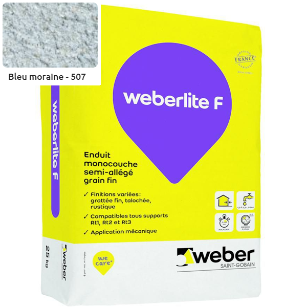 Enduit monocouche semi-allégé et coloré à grain fin WeberLite F 507 Bleu Moraine - sac de 25 KG