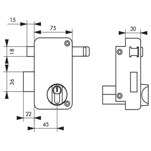 Boitier à tirage 75 x 130 mm applique verticale axe 45 mm main gauche