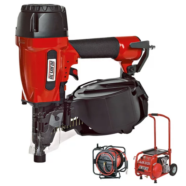 Cloueur pneumatique pour pointes en rouleau Alsafix C 28/70 P1 avec compresseur électrique 10 bar Alair 20/255 et enrouleur de 30 mètres