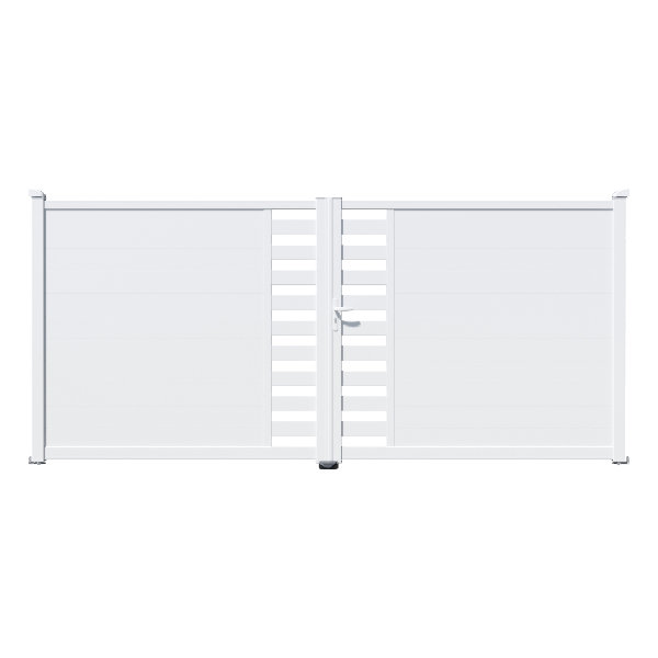 Portail aluminium sur mesure Intiméclo - Inti 26 Kiwi - Battant ou coulissant - Aspect au choix - Barreaudage horizontal 100 mm et lames horizontales 150 mm