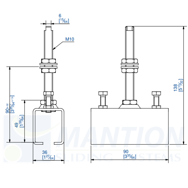 Manchon support à tige longue M10 Mantion 3531ML pour rail 3530 de porte coulissante ou pliante