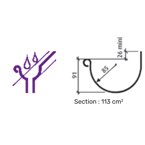 Gouttière demi-ronde à ourlet en zinc Anthra-Zinc VMZINC - Sans pince - 333 MM - ép. 0,65 MM - 4 M