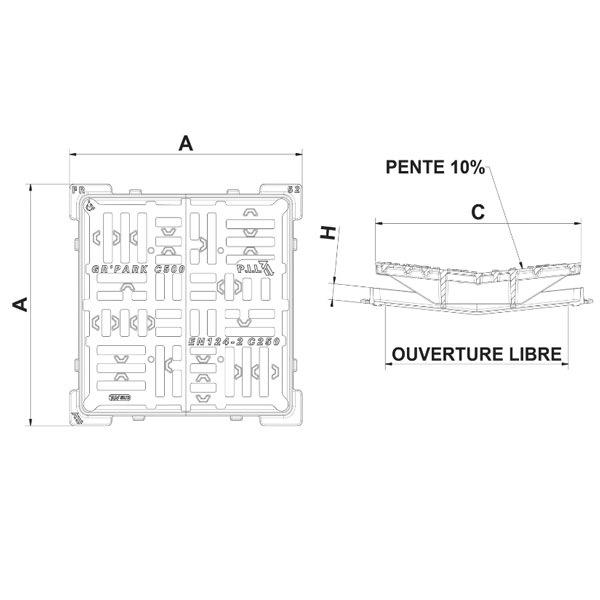 Grille carrée concave en fonte PMR C250 avec cadre - ouverture libre 640,0 mm x 640,0 mm