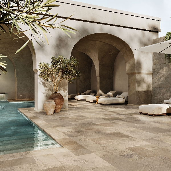 Carrelage imitation travertin en grès cérame - Composition modulaire - Solithe Naturel - ép. 9 mm