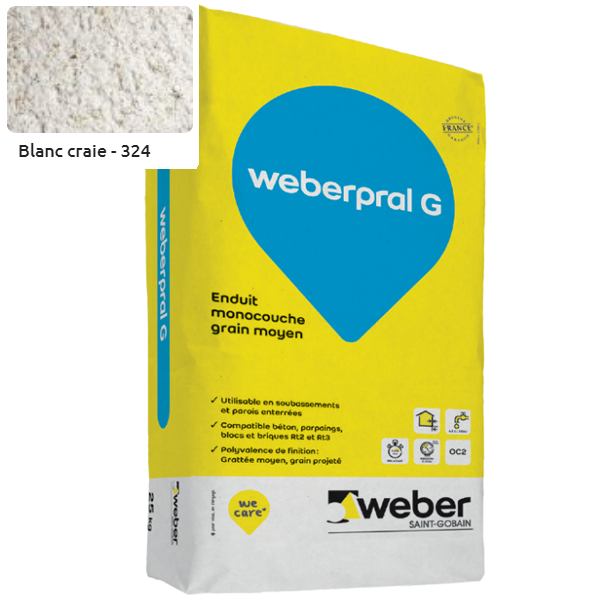 Enduit monocouche lourd et coloré à grain moyen WeberPral G 324 Blanc craie - sac de 25 KG