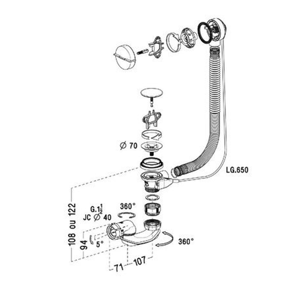 Vidage automatique pour baignoire Easybain Nicoll - Garde d'eau 50 mm - Câble 650 mm - Bi-matière