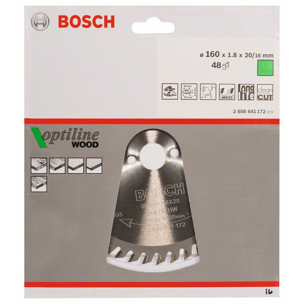 Lame scie circulaire Bosch Optiline Wood tout type de bois ⌀ 160 mm alésage 20 mm 48 dents 1,8 mm