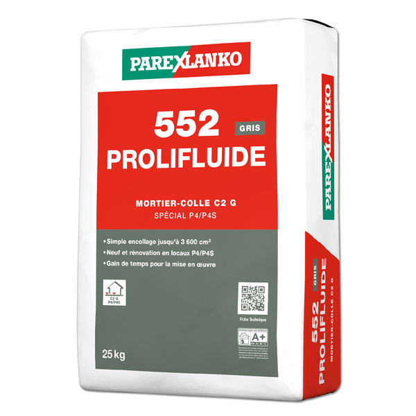 Mortier-colle amélioré fluide PROLIFLUIDE 552 Spécial locaux U4 P4S - Gris Sac de 25 KG