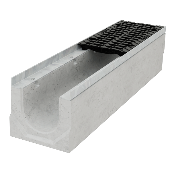 Caniveau en béton D400 BIRCOsir largeur 150,0 mm avec feuillures acier galvanisé et grille fonte double fentes D400 PMR - 1000 mm