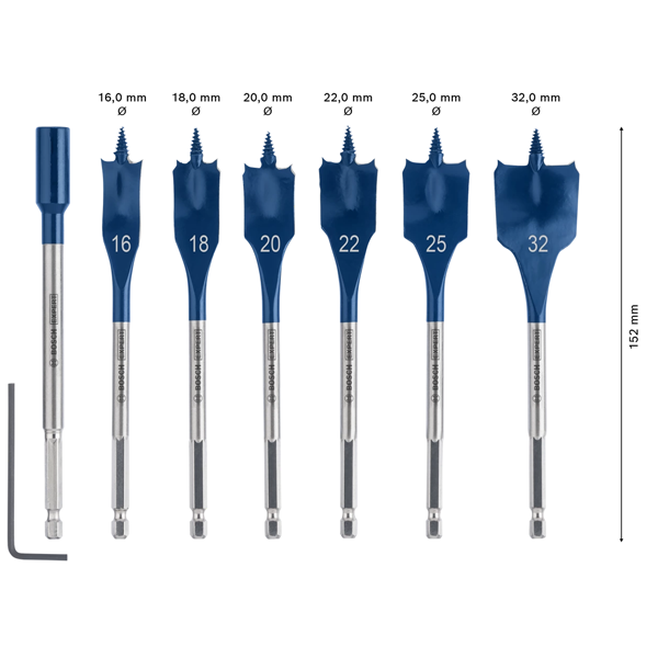Coffret de 6 mèches à bois plates Expert SelfCut Speed - 6 pans 1/4 " - 16 à 32 mm avec rallonge