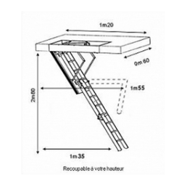 Escalier escamotable en bois avec trappe isolée de 46 mm et joint d'étanchéité - 1,3 W/m²k - caisson de 120 x 60 MM