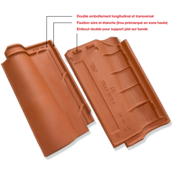 Tuile en terre cuite TB-12 Tejas Borja à double emboîtement - coloris Nature rouge - 439 MM x 260 MM