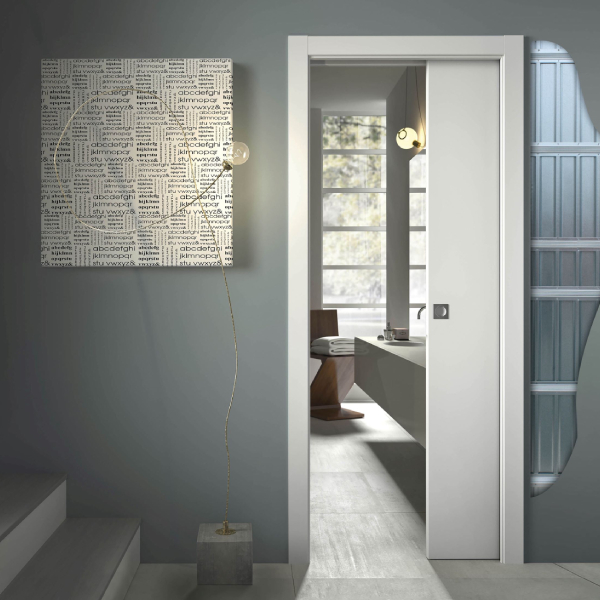 Système à galandage pour porte coulissante simple vantail - caisson pour plaque de plâtre - Scrignotech - porte de 203 cm x 80 cm - cloison finie 100 mm