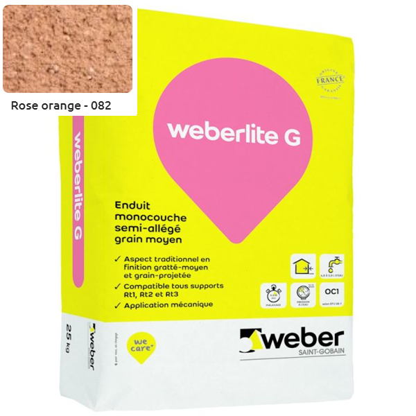 Enduit monocouche semi-allégé et coloré à grain moyen WeberLite G 082 Rose orangé - sac de 25 KG