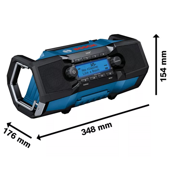 Radio de chantier portable Bosch GPB 18V-2 SC Professional avec pile lithium 3V adaptateur secteur et câble AUX