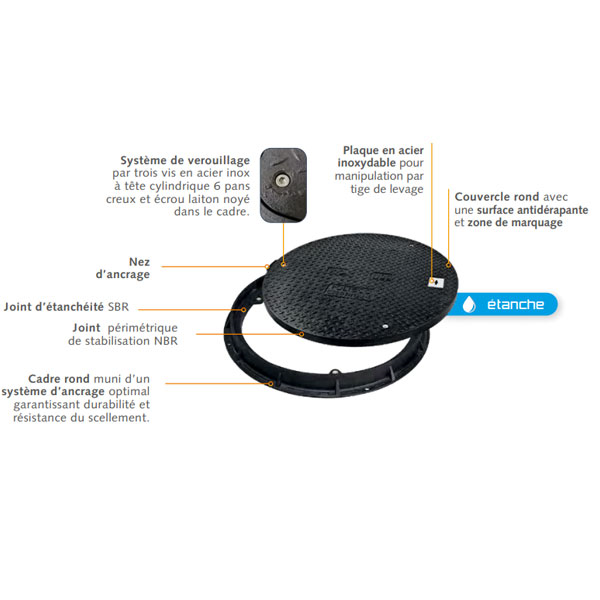 Tampon de regard composite rond étanche et anti-odeurs - KIO 1100 C250 - verrou et joint SBR - Diamètre 1100 mm