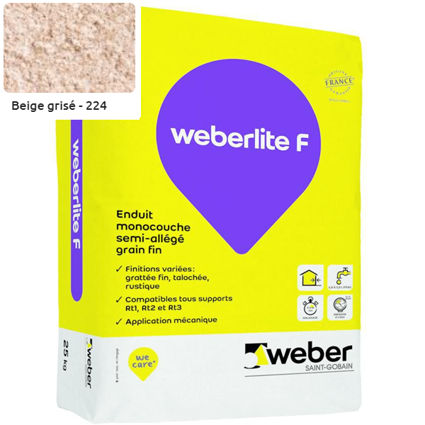 Enduit monocouche semi-allégé et coloré à grain fin WeberLite F 224 Beige gris - sac de 25 KG