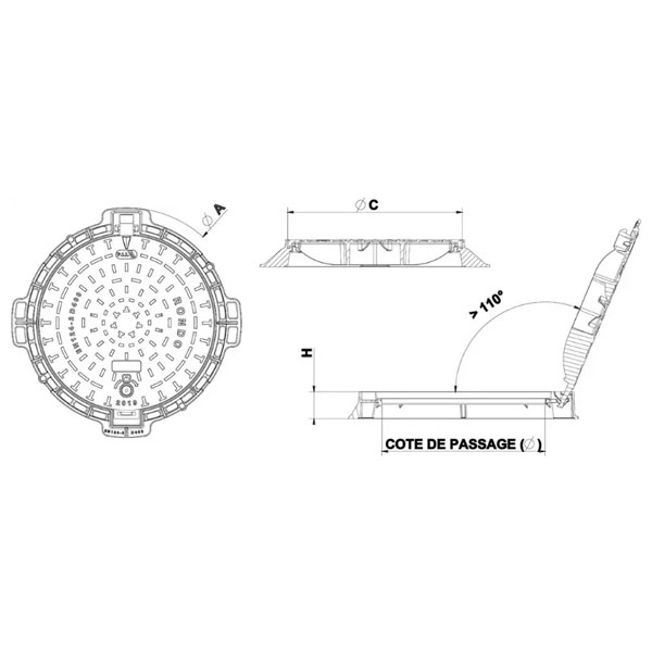 Regard de visite en fonte D400 Rondo avec marquage Eaux Usées - articulé et verrouillé - ∅850 mm passage utile ∅600 mm