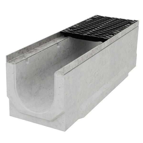 Caniveau en béton D400 BIRCOsir largeur 200,0 mm avec feuillures acier galvanisé et grille fonte double fentes D400 PMR - 1000 mm