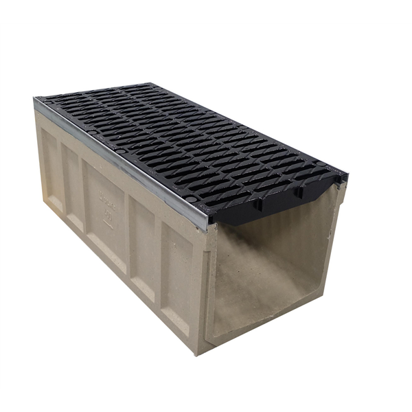 Caniveau béton F400 avec grille nervurée D400 en fonte - 400 x 400 mm - Longueur 1 m - Ulma