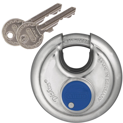 Cadenas rond Abus Diskus 24 anti-corrosion avec anse en inox et cylindre à clé nickelé - diamètre 60 mm