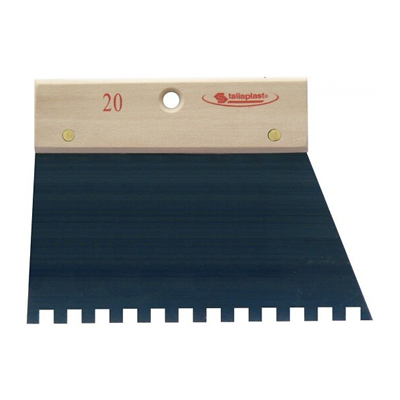 Peigne à colle pour carreleur avec lame en acier à dents carrées de 8 mm et poignée en bois  - largeur 20 cm