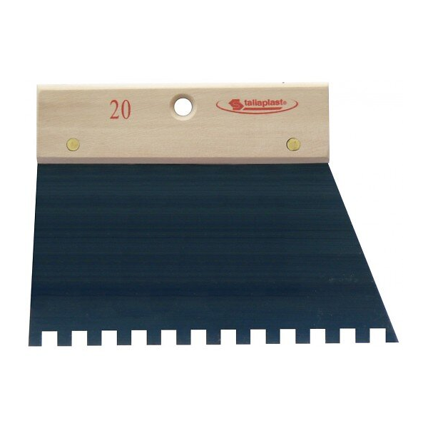 Peigne à colle pour carreleur avec lame en acier à dents carrées de 8 mm et poignée en bois  - largeur 20 cm