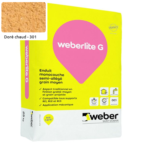 Enduit monocouche semi-allégé et coloré à grain moyen WeberLite G 301 Doré chaud - sac de 25 KG