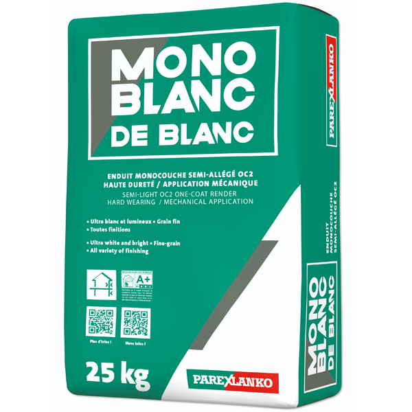 Enduit MONOBLANC DE BLANC monocouche semi-allégé grain fin Ultra Blanc - Sac de 25 kg