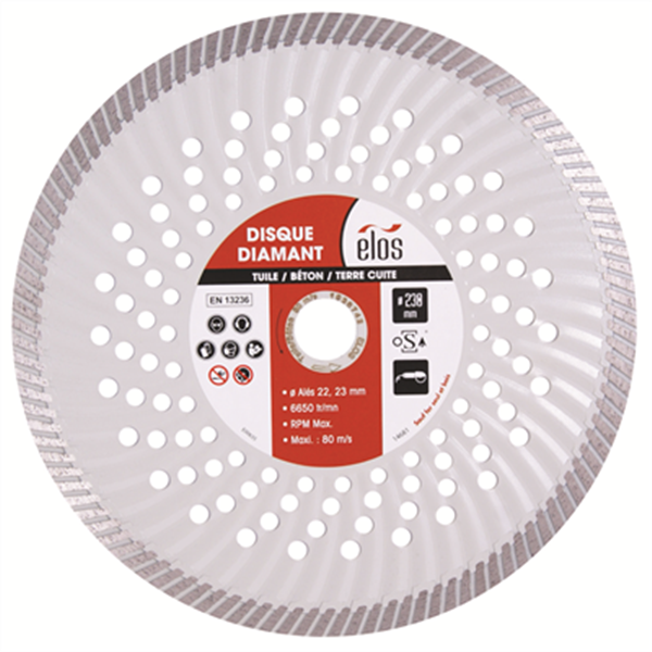 Disque diamant spécial couvreur Elos diamètre 230 mm couronne 12 mm pour coupe droite