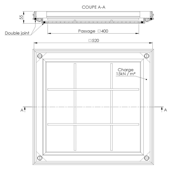 Tampon à remplir de béton ou à paver en aluminium - SOCOLIM TSAD40.55 - Double joint - 520,0 mm x 520,0 mm