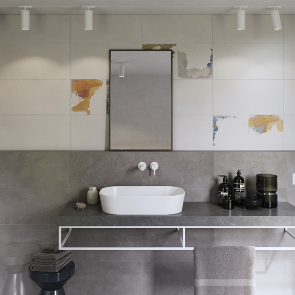 Faïence salle de bain effet béton ciré en grès cérame émaillé rectifié - Betonico - 60,0 CM x 30,0 CM - ép. 8,00 MM - Blanc gris